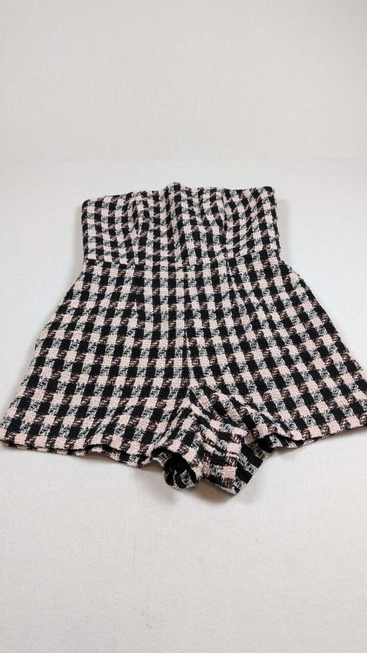 Hutch Strapless Tweed Playsuit Black Pink Check Houndstooth Romper